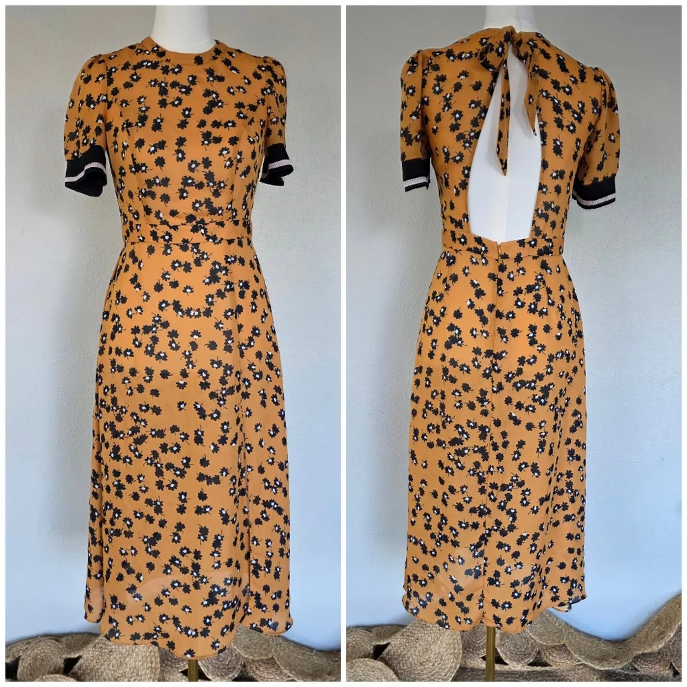 Saylor Mustard Floral Open Back Midi Dress Size Small Puff Sleeve Tie Back S - Picture 2 of 8